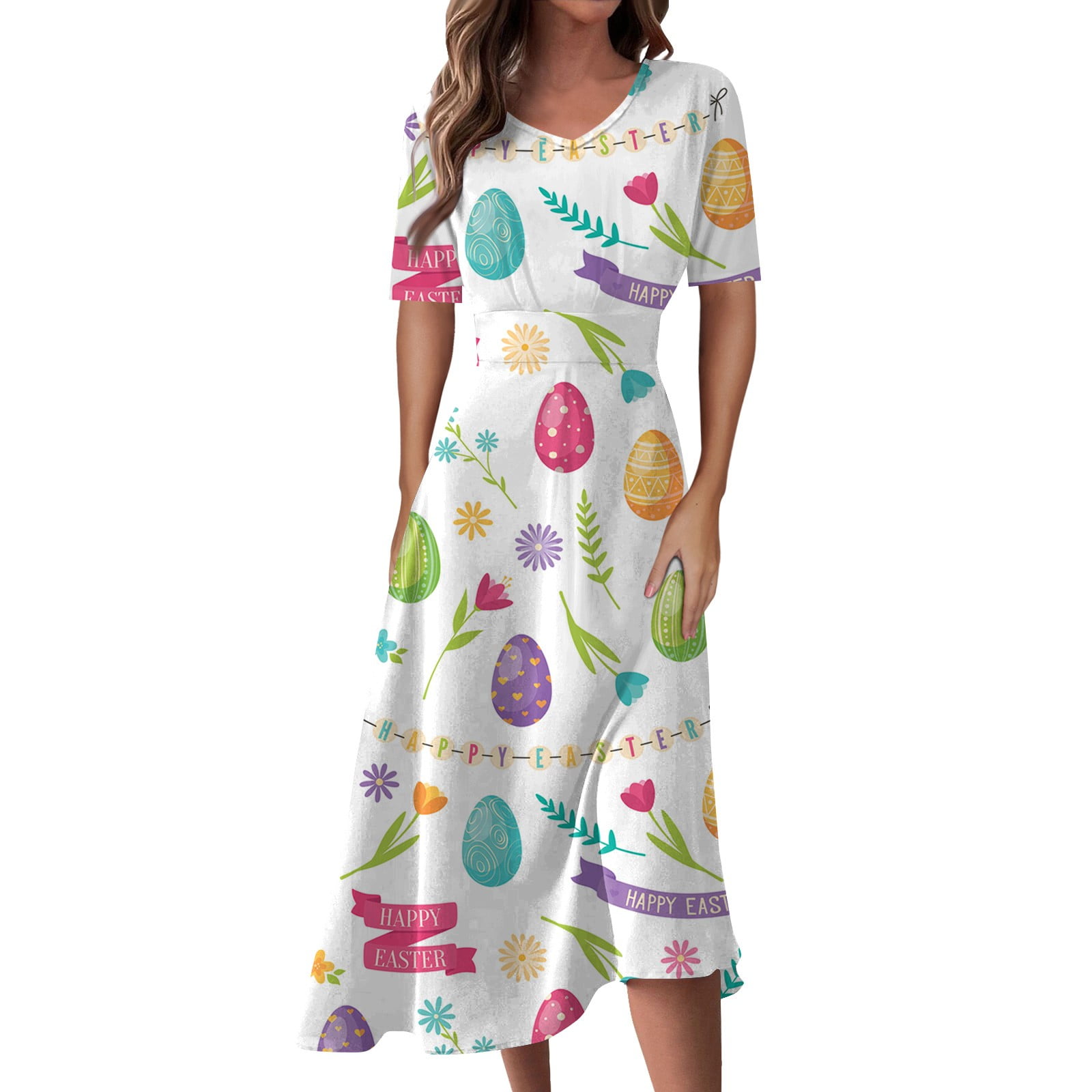 YDKZYMD Easter Dresses for Women for Church Bunny Egg Boho Tank Dresses Rabbit Short Sleeve