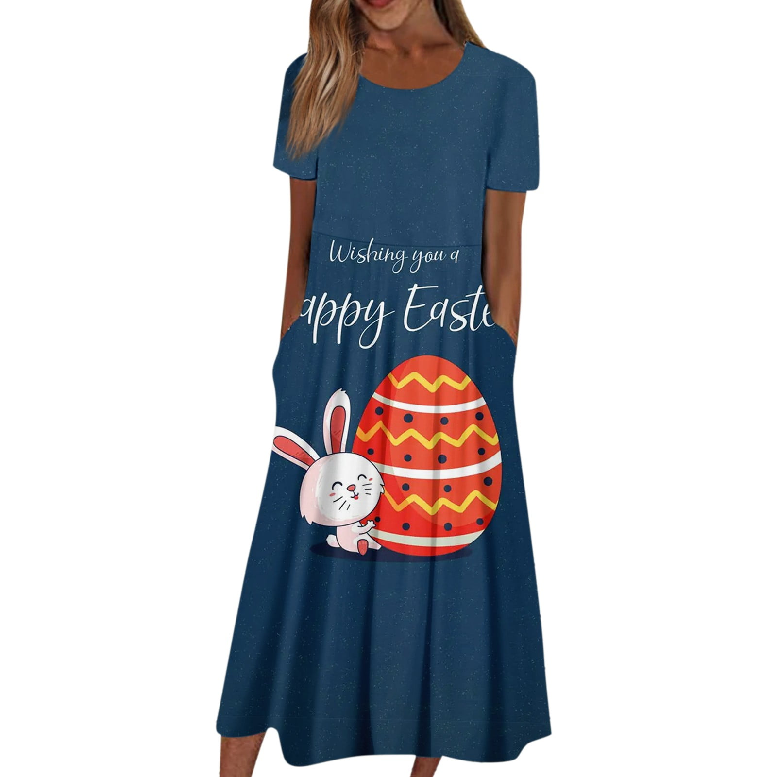 YDKZYMD Easter Dresses for Women Plus Size Family Party Rabbit Midi Dress Bunny Short Sleeve Egg