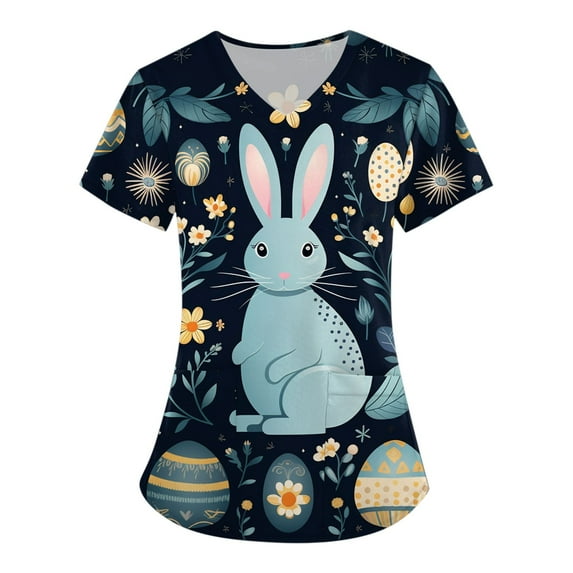 YDKZYMD Easter Scrub Tops for Women Large V Neck Casual Family Party Scrubs Party Holiday Rabbits Eggs Printed Shirts Short Sleeve Bunny Scrub Tops with Pockets Dark Blue L