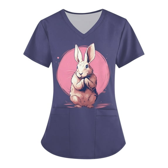 YDKZYMD Easter Scrubs Shirts Rabbits Eggs Printed Short Sleeve Holiday Shirts Bunny Family Party Party Scrubs Casual V Neck Scrub Tops with Pockets Dark Purple 4XL