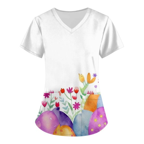 YDKZYMD Easter Scrubs for Women ydkzymd Rabbits Eggs Printed V Neck Party Shirts Holiday Bunny Casual Scrubs Short Sleeve Family Party Scrub Tops with Pockets Purple 2XL
