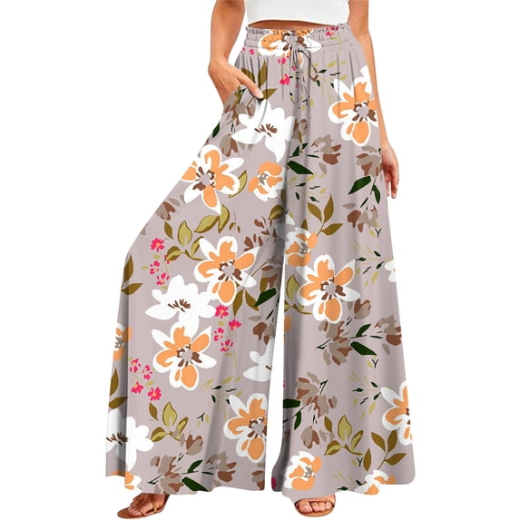 YDKZYMD Elastic Boho Waist Womens Pants Wide Leg Floral Ruffle Drawstring Pants Elastic Boho Palazzo Comfy Summer Casual Petite Pants Beach Plus Size Loose with Pocket Trousers Orange L