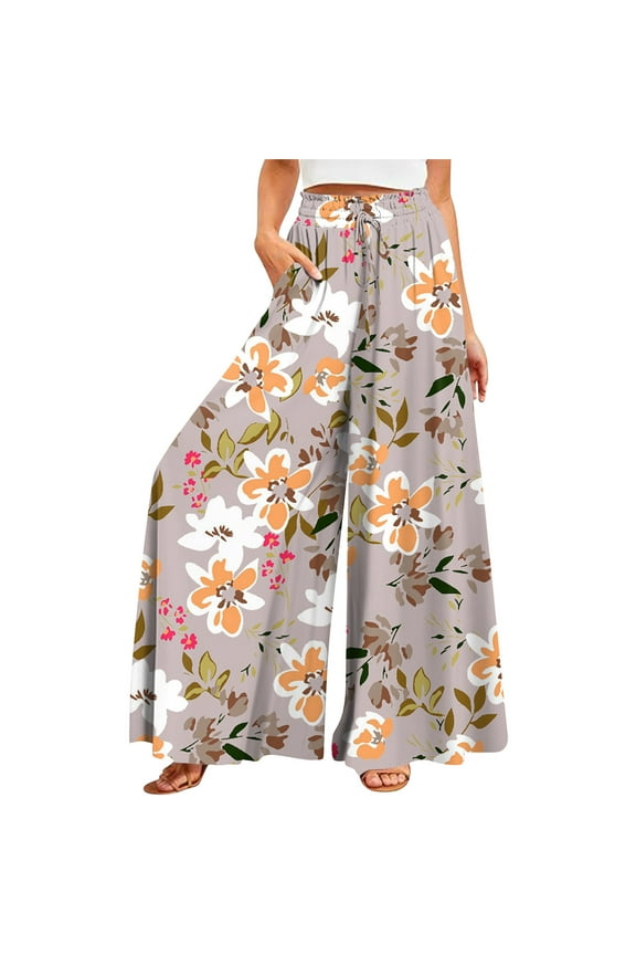 Elastic Boho Waist Womens Pants Wide Leg Floral Ruffle Drawstring Pants Elastic Boho Palazzo Comfy Summer Casual Petite Pants Beach Plus Size Loose with Pocket Trousers Orange L