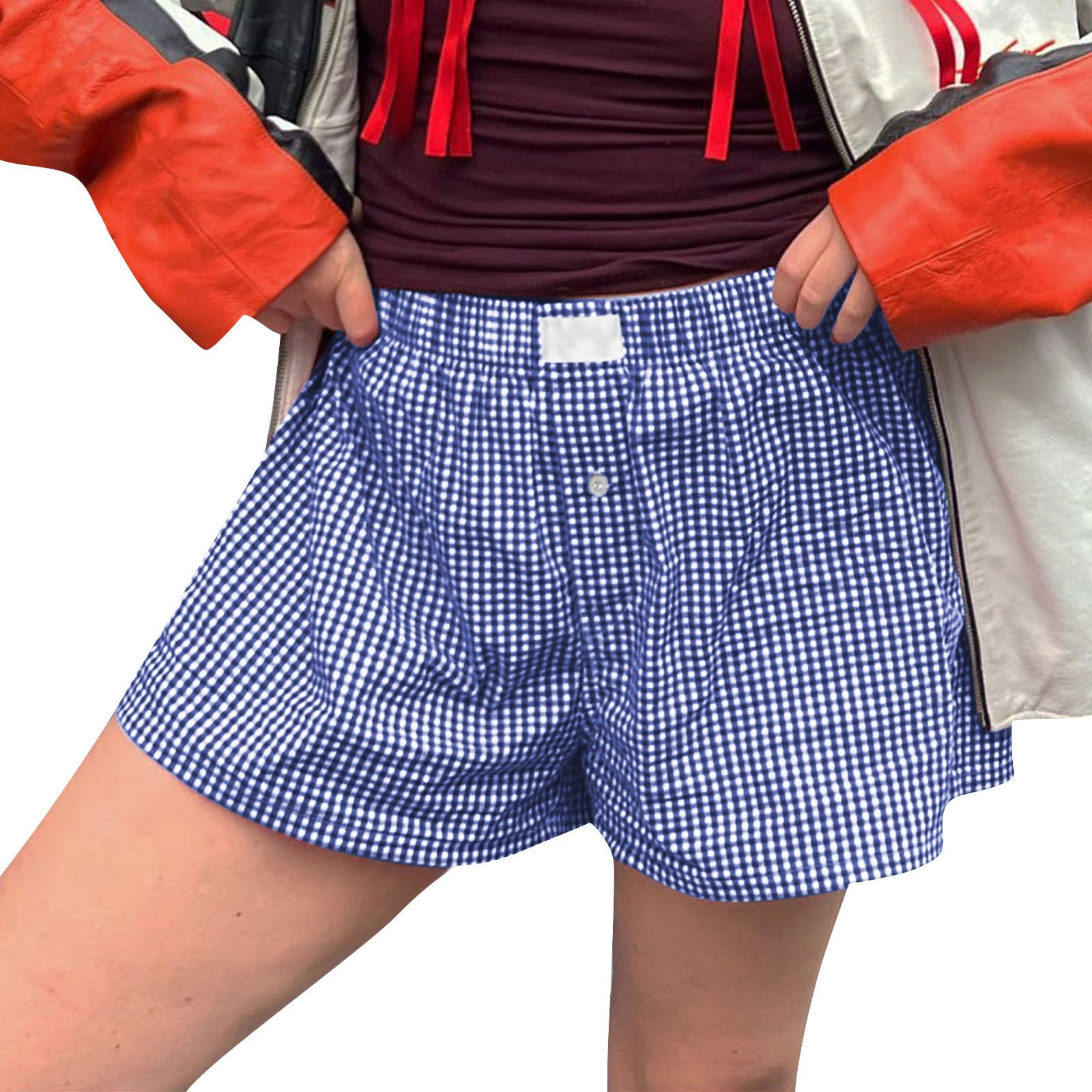 YDKZYMD Gym Shorts Women Y2k Striped Plaid Button Front Sleepwear with Pocket Elastic Low Waisted Casual Pajamas Bloomers Summer Shorts Royal Blue L