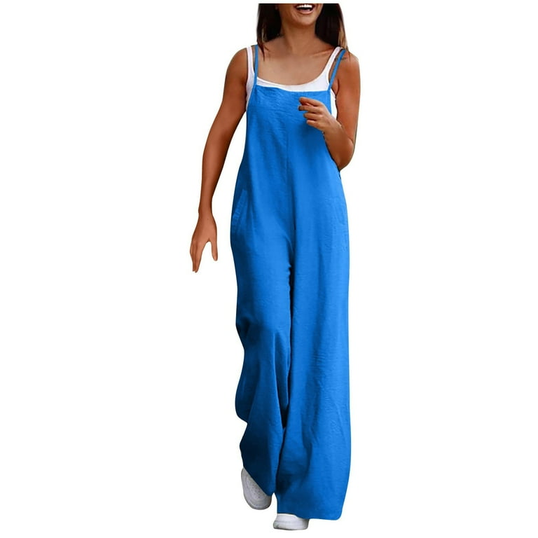 YDKZYMD Halter Jumpsuits for Women Sleeveless Wide Leg Spaghetti Strap One Piece Going Out with Pockets Linen Overalls Trendy Casual Loose Fit Bib Blue M Walmart