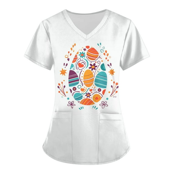 YDKZYMD Happy Easter Scrub Tops Casual Holiday Short Sleeve Scrub Tops Rabbits Eggs Printed Bunny Family Party Shirts Party V Neck Scrubs with Pockets Multicolor M