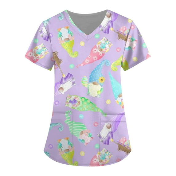 YDKZYMD Happy Easter Scrub Tops V Neck Casual Rabbits Eggs Printed Scrubs Party Family Party Short Sleeve Scrub Tops Bunny Holiday Shirts with Pockets Light Purple 2XL