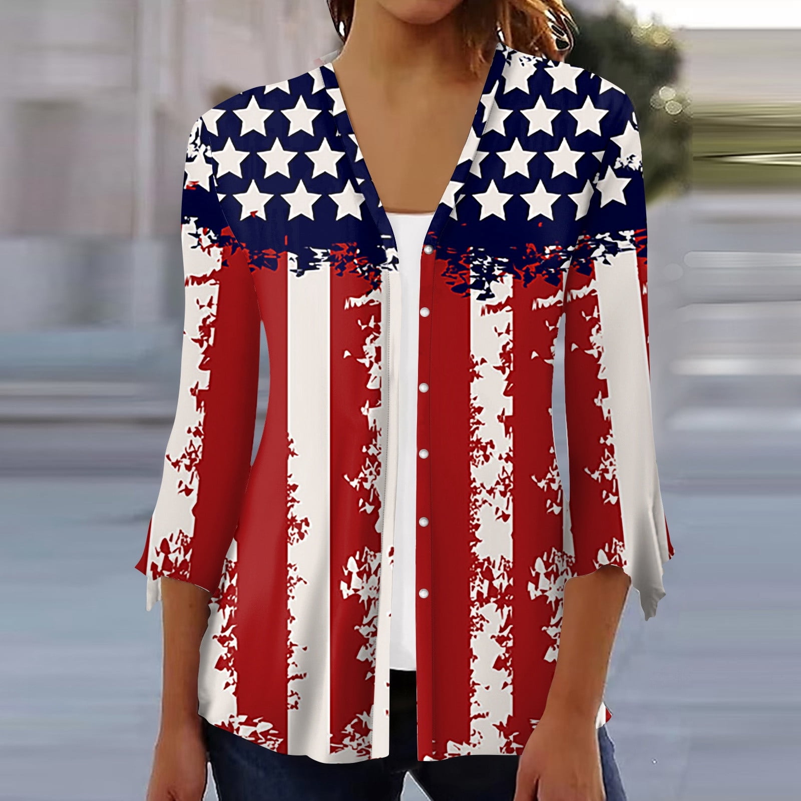 YDKZYMD Independence Day Exercise Shirts For Women 3 4 Sleeve Flag Ydkzymd independence day exercise shirts for women 3 4 sleeve flag