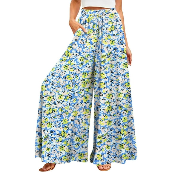 YDKZYMD Jogging Pants for Women Wide Legs Ruffle Palazzo Floral Pants Drawstring Elastic Boho Loose with Pocket Plus Size Beach Trousers Petite Casual Comfy Summer Pants Blue XL