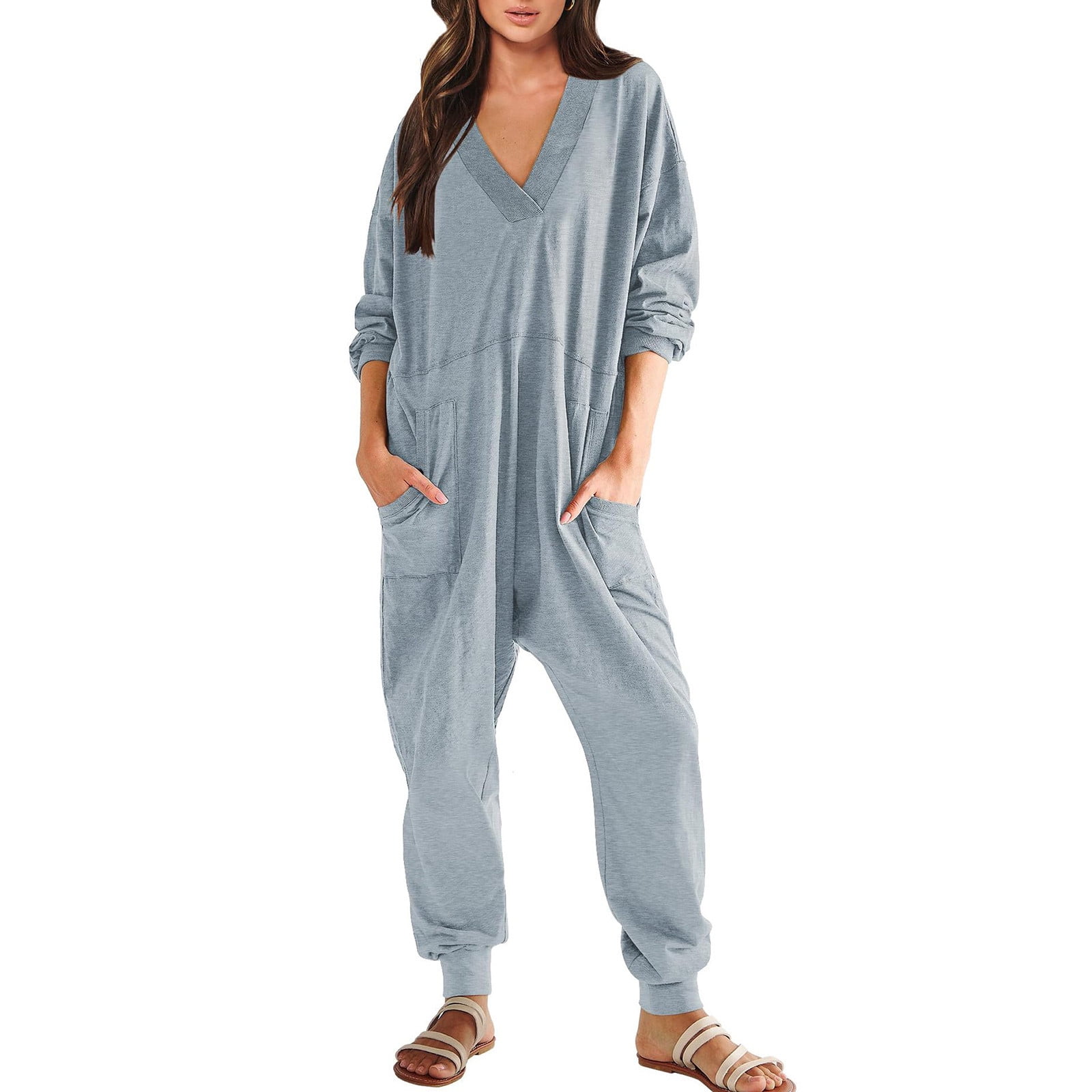 YDKZYMD Jumpsuit for Women Wide Leg V Neck Harem Long Sleeve One Piece Baggy with Pockets Cargo