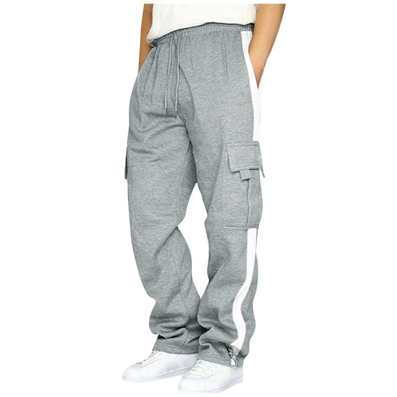 YDKZYMD Light Gray Mens Cargo Sweatpants Cotton Linen Elastic High Waist Jogger Pant Heavyweight Straight Leg Plus Size Sweatpant Athletic Baggy Pant Drawstring Hiking with Multi Pockets Trousers M