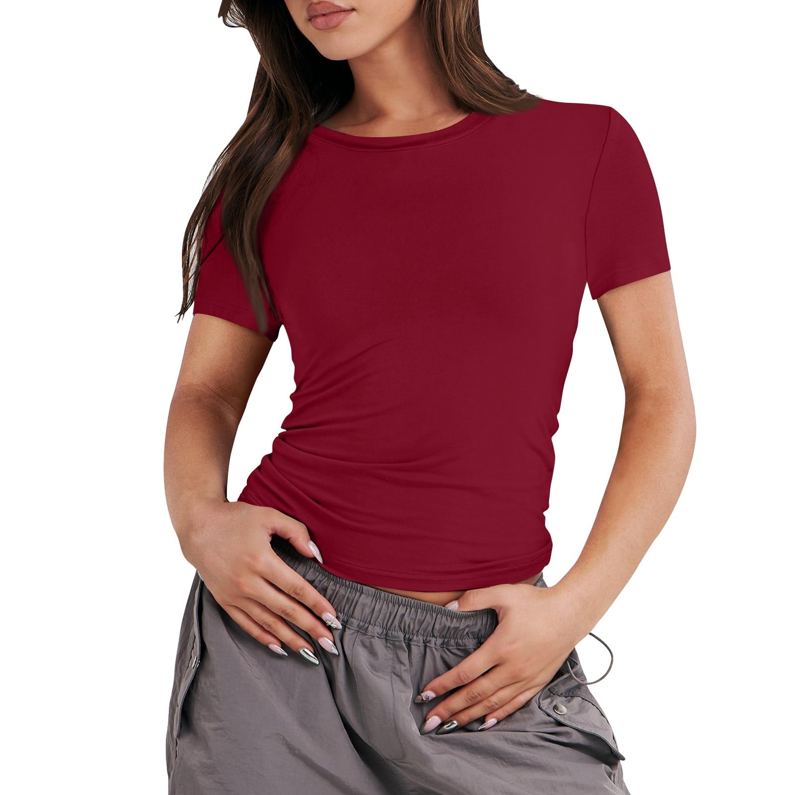 YDKZYMD Long Crop Top for Women Crew Neck Y2k Short Sleeve Basic Tee  Layering Teen Girls Slim Fitted Trendy Tight Shirt Athletic Cute Summer  Tops Wine 