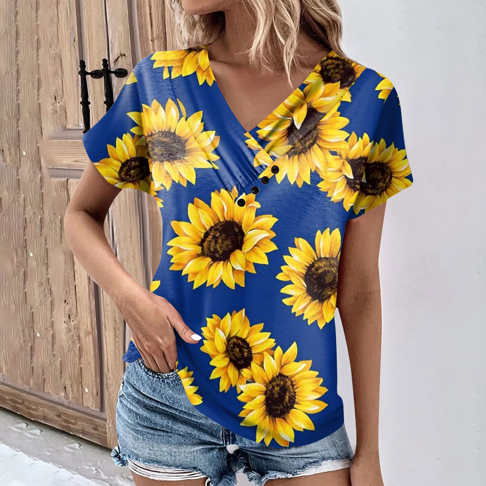 YDKZYMD Long T Shirts for Women Short Sleeve Henley Sunflower Tee Tops