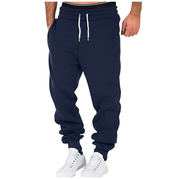 YDKZYMD Mens Fleece Lined Cargo Sweatpants Cinch Bottom with Pocket Athletic Drawstring Baggy Pants Heavyweight Workout Joggers Pants Winter Warm Hiking Sweatpants Navy 2XL