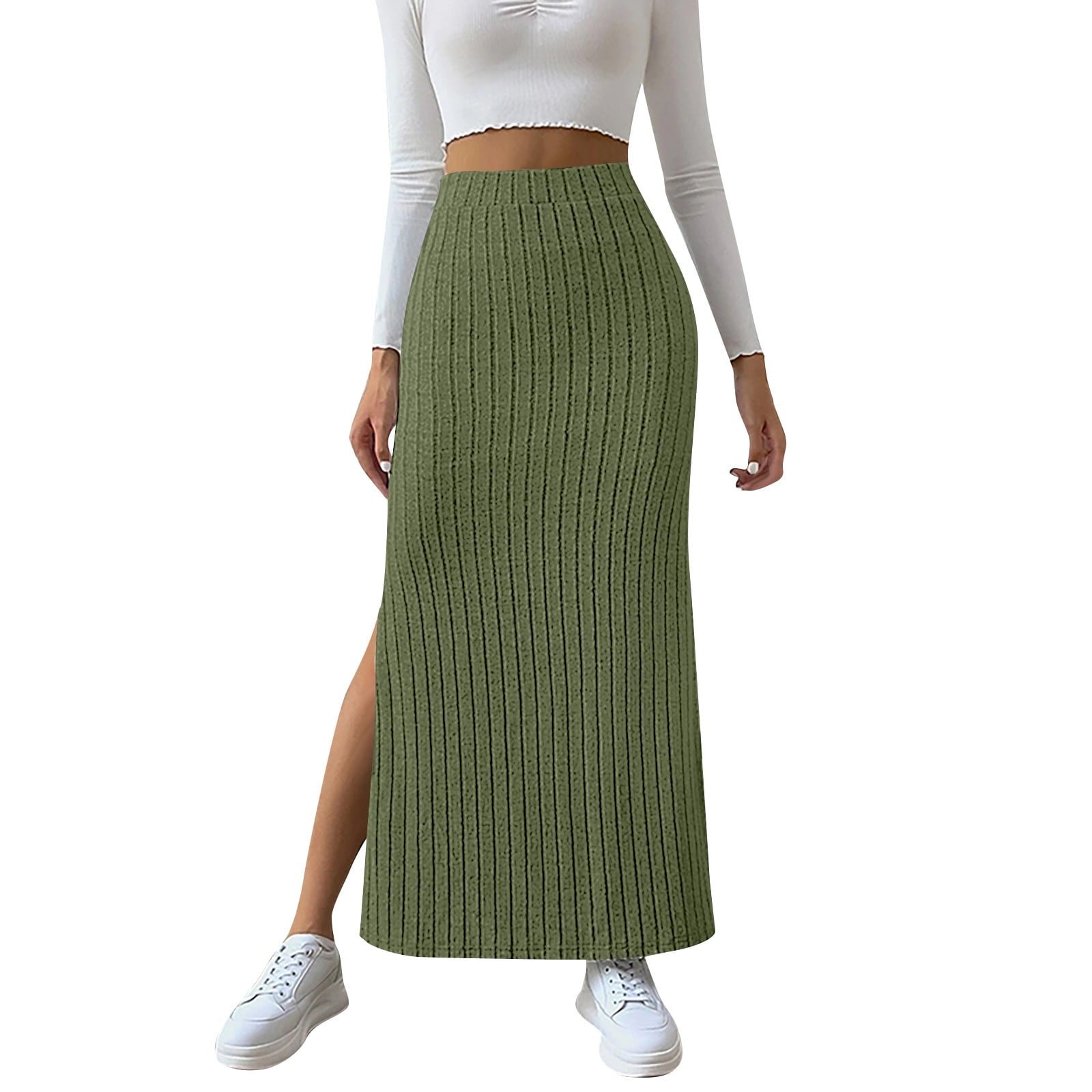 ★RAIVE★ Punching Knit Long Skirt in Y/Green VK4MS2613E 3 Pack: Women's Midi Ribbed Knit Skirt With Side Slit