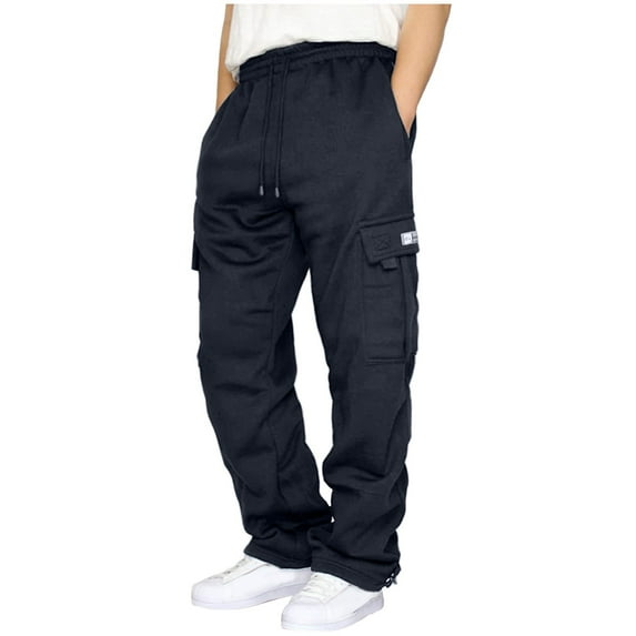 YDKZYMD Navy Mens Cargo Sweatpants Regular Leg Fleece with Pockets Elastic High Waist Jogger Pant Warm Heavyweight Sport Sweatpant Wide Straight Leg Athletic Baggy Pant Plus Size Drawstring Trousers S