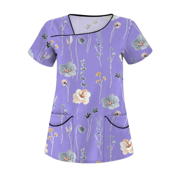 YDKZYMD Nurse Scrub Tops Uniform Womens Sets Plus Size Floral Flowers Workwear Graphic with Pockets Scrub Shirt Plus Size Jogger Nurse Uniform Scrub Tops Petite V Neck Short Sleeve Scrubs Purple 3XL