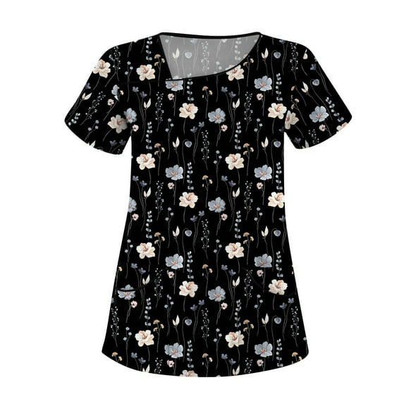 YDKZYMD Nurse Scrub Tops Uniform Womens Sets Plus Size Floral Flowers Workwear Graphic with Pockets Scrub Shirt Plus Size Jogger Nurse Uniform Scrub Tops Petite V Neck Short Sleeve Scrubs Black 2XL