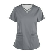 YDKZYMD Nurse Scrub Tops Uniform Womens Sets Solid Color Short Sleeve with Pocket Scrub Tops Plus Size Medical V Neck Scrubs Nurse Uniform 2024 Trendy Sctub Shirt Gray L