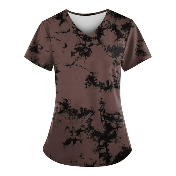 YDKZYMD Nursing Scrub Tops Sets for Women Tie Dye Nurse Uniform V Neck Jogger Scrub Tops Workwear Plus Size Graphic Scrub Shirt Short Sleeve Petite with Pockets Scrubs Coffee M