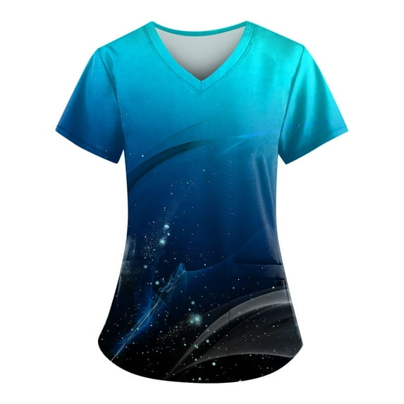 YDKZYMD Nursing Scrub Tops for Women Set Tie Dye Jogger Petite with Pockets Scrub Shirt Graphic Short Sleeve V Neck Scrub Tops Workwear Nurse Uniform Plus Size Scrubs Blue XL