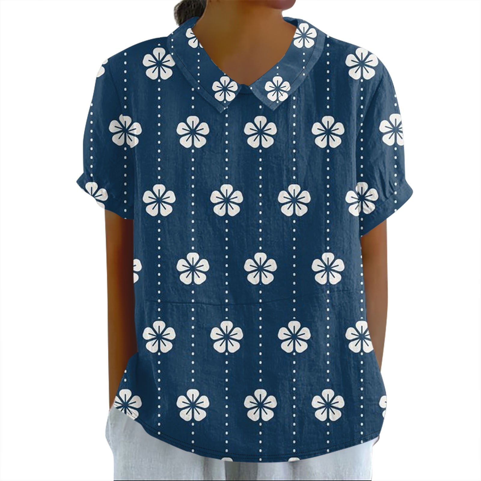 YDKZYMD White Linen Shirt Women Lapel Doll Collar V Neck Button Cotton