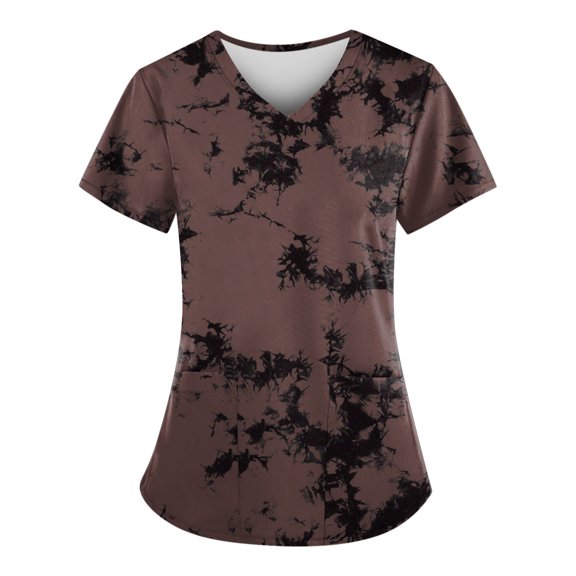 YDKZYMD Plus Size Women Scrub Tops Stretchy Set Tie Dye Short Sleeve Workwear Nurse Uniform Scrub Shirt Plus Size V Neck Jogger Scrubs Petite with Pockets Graphic Scrub Tops Coffee XL
