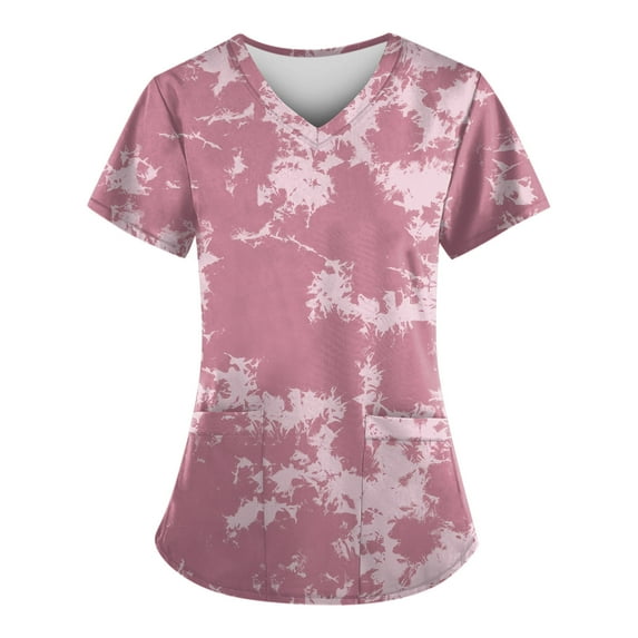 YDKZYMD Print Scrubs for Women Tops Tie Dye V Neck Jogger with Pockets Scrub Shirt Workwear Nurse Uniform Graphic Scrubs Plus Size Short Sleeve Petite Scrub Tops Pink 3XL