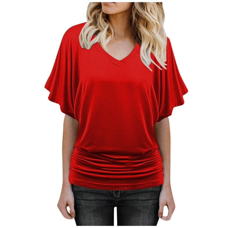 YDKZYMD Red Plus Size Short Sleeve Tops 3X Solid Ladies Casual