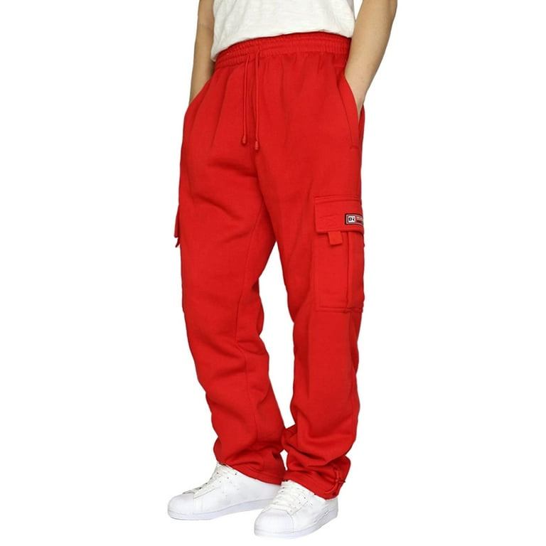 YDKZYMD Red Sweatpants Cargo Men Fleece with Multi Pockets Athletic Jogger Pant Heavyweight Drawstring Loose Fit Sweatpant Elastic High Waist Warm