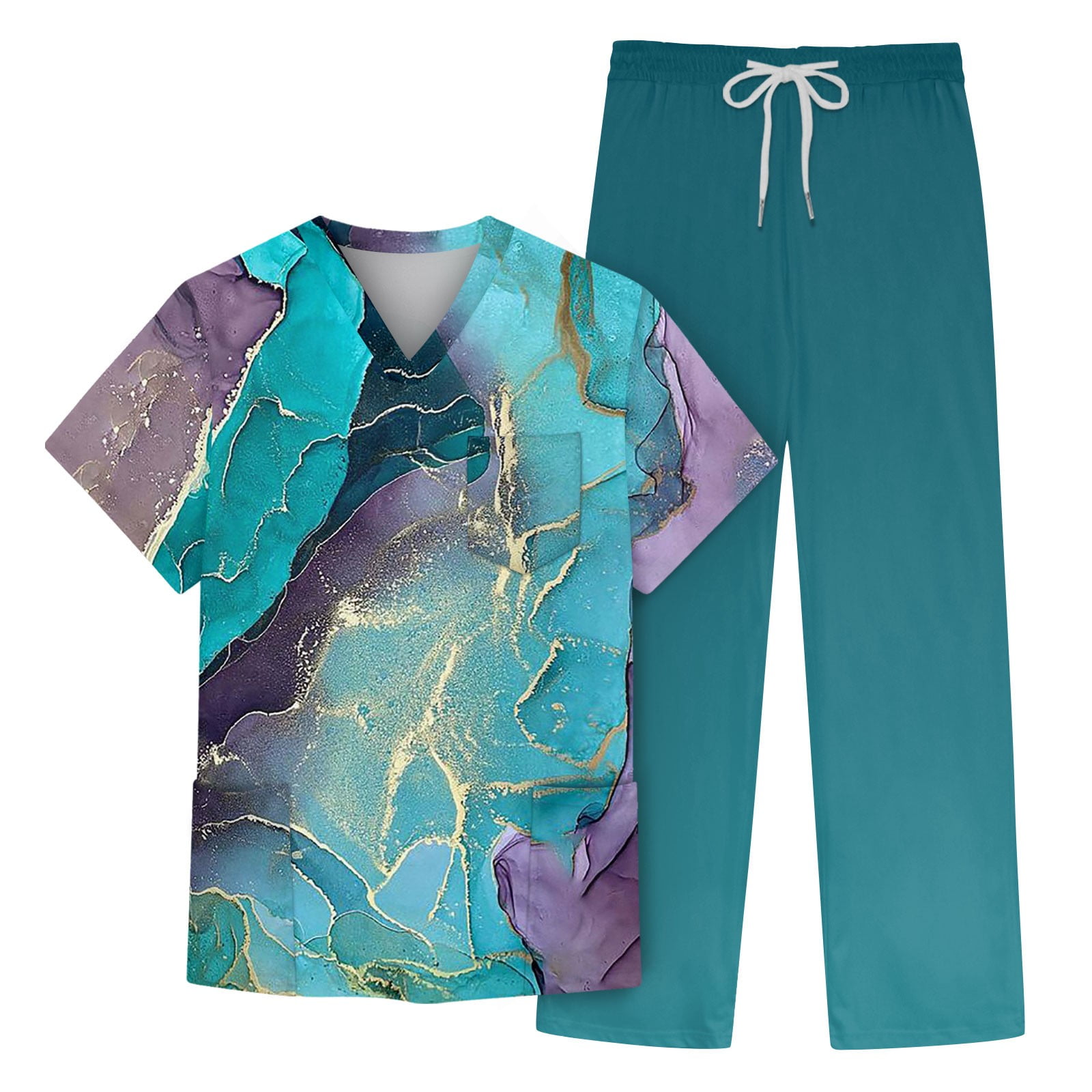 YDKZYMD Scrub Sets for Men Tie Dye Marble Jogger V Neck Nursing Uniform Shirt Top and Pant Printed Short Sleeve Medical 2 Piece Tie Dye Plus Size Petite Scrub Set with Pockets