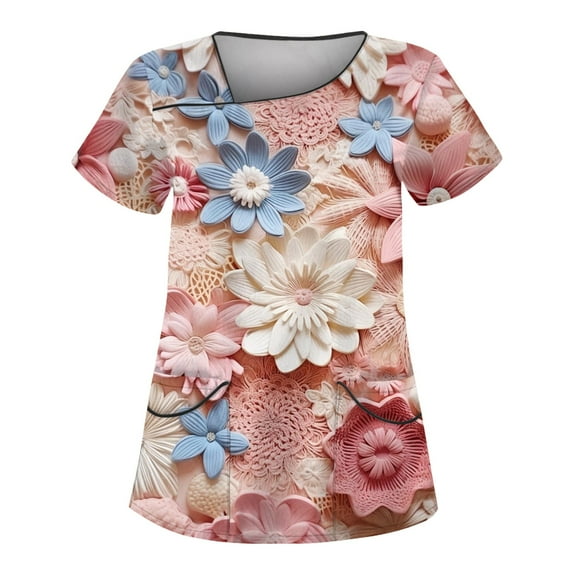 YDKZYMD Scrub Tops Petite Women Set Floral Flowers Plus Size Nurse Uniform Petite Scrub Tops Graphic Jogger Workwear Scrubs V Neck Short Sleeve with Pockets Scrub Shirt Pink 2XL