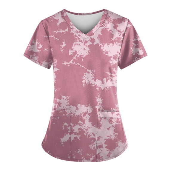 YDKZYMD Scrub Tops Sets for Women Tie Dye Plus Size Short Sleeve Workwear Scrub Tops with Pockets Jogger Nurse Uniform Scrub Shirt V Neck Petite Graphic Scrubs Pink 5XL