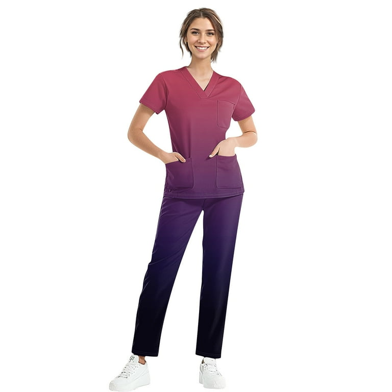 YDKZYMD Scrubs Sets for Womens Patty Size Medical Gradient Petite Jogger Short Sleeve Vneck Scrub Tops and Bottoms with Pocket Nursing Uniform 2 Piece