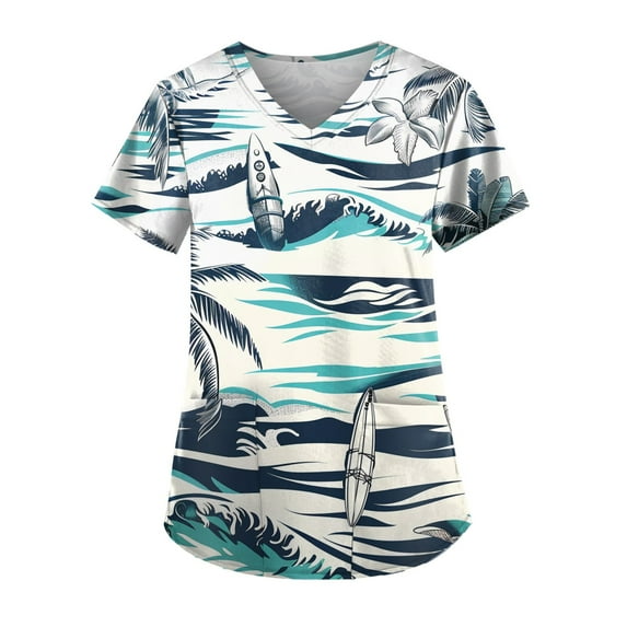 YDKZYMD Soft Scrub Tops for Women Dark Hawaiian Tropical V Neck with Pockets Graphic Scrubs Petite Jogger Nurse Uniform Scrub Tops Short Sleeve Workwear Plus Size Scrub Shirt White S
