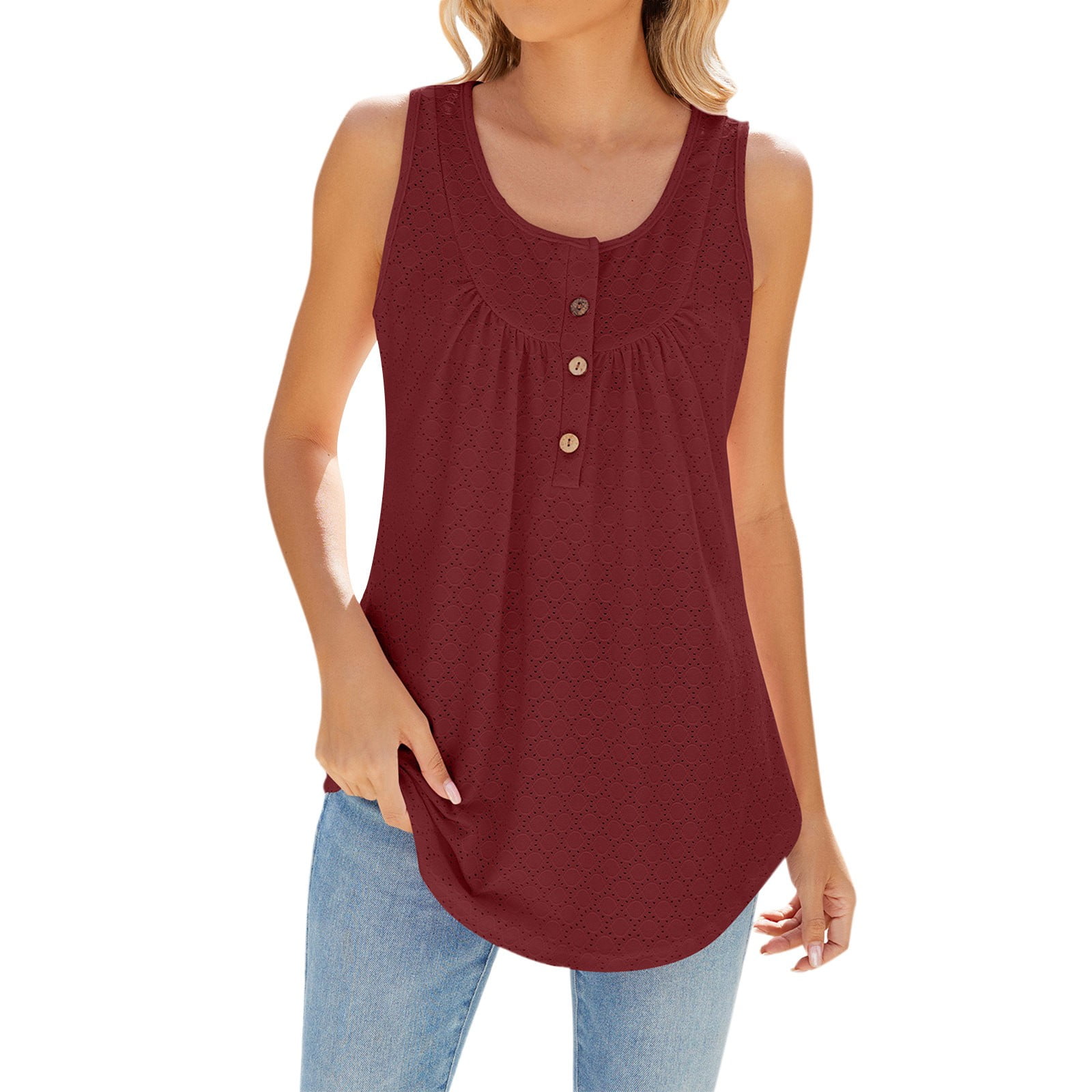 YDKZYMD Spandex Tank Tops for Women Button Up Eyelet Embroidery Henley