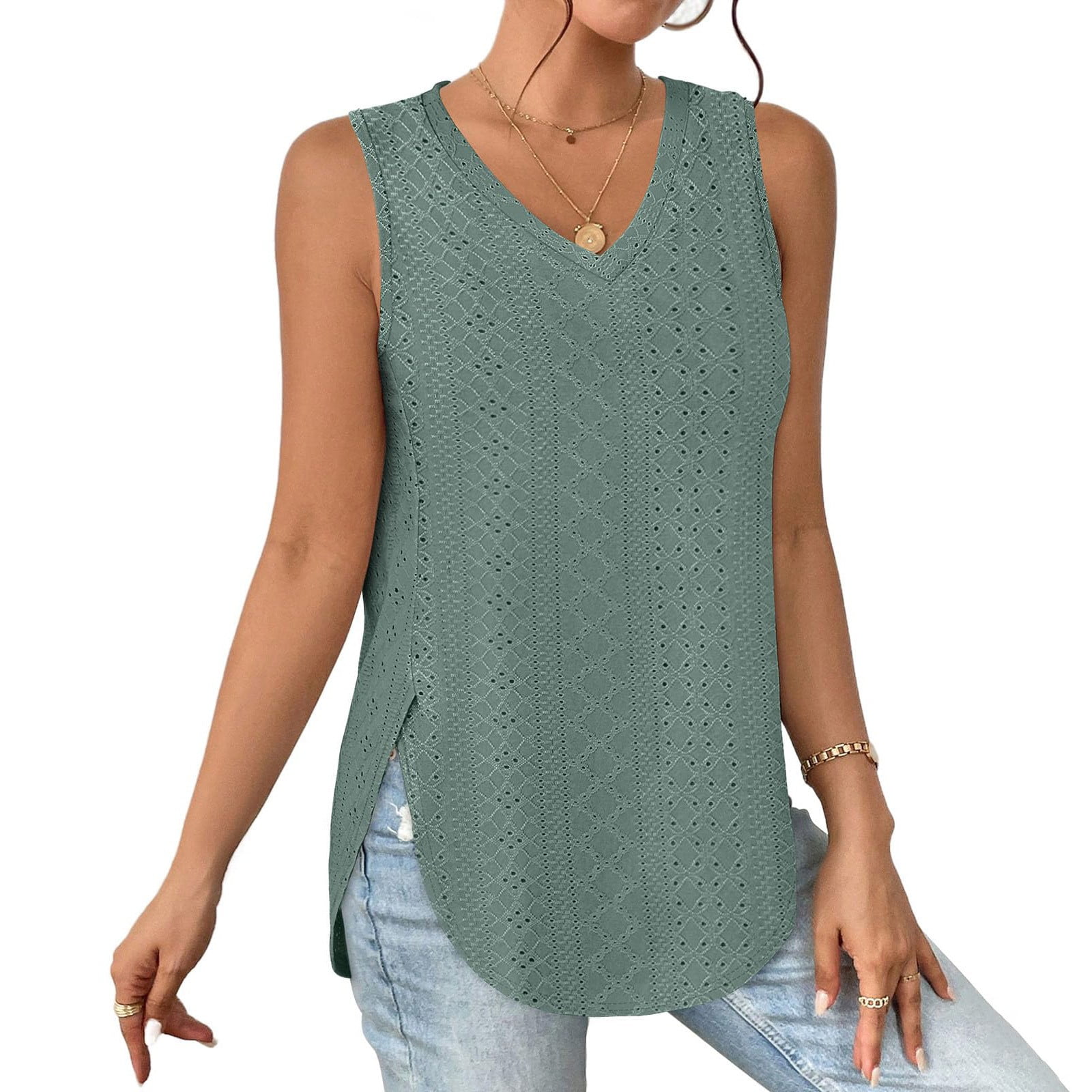 YDKZYMD Spandex Tank Tops for Women Eyelet Embroidery Split Hem Solid