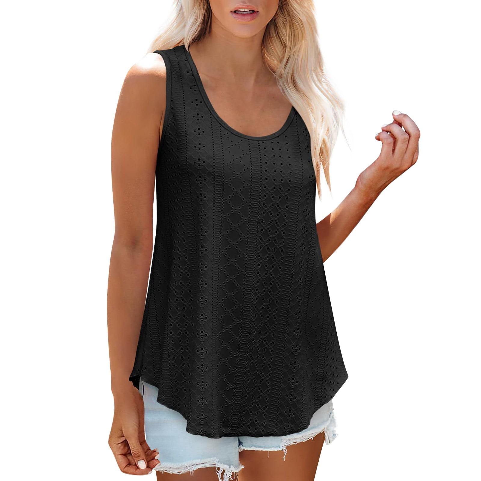 YDKZYMD Spandex Tank Tops for Women Flowy Eyelet Embroidery Sleeveless