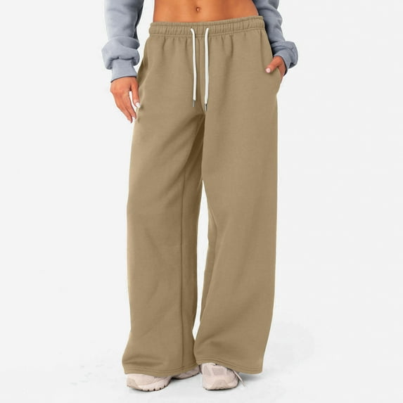 YDKZYMD Straight Leg Sweatpants for Women Petite Teen Girls Fall Jogger Pants Elasticwaist Flare Straight Leg Baggy Pants High Waisted Clearance with Pockets Sweatpants Khaki 2XL