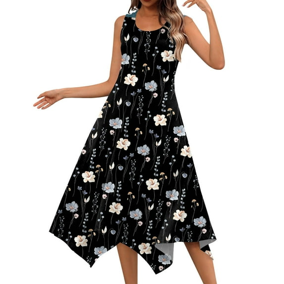 YDKZYMD Summer Casual Dresses for Women Floral Flowers Wedding Maxi Beach Boho Tank Dresses Hem Sundress Petite Sleeveless Midi Dress with Pockets Black S