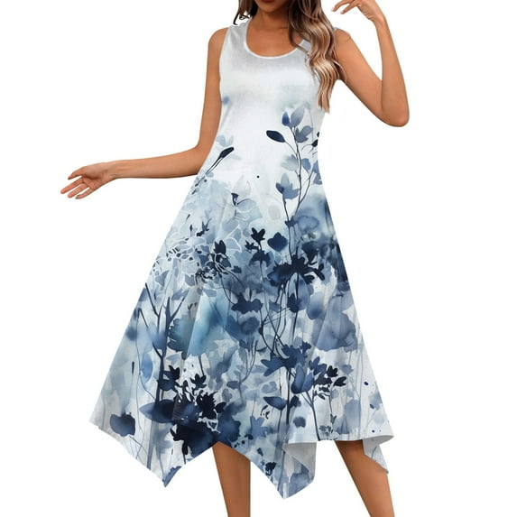YDKZYMD Summer Casual Dresses for Women Floral Flowers Wedding Maxi Beach Boho Tank Dresses Hem Sundress Petite Sleeveless Midi Dress with Pockets Blue XXL