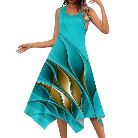 YDKZYMD Summer Casual Dresses for Women Floral Flowers Wedding Maxi Beach Boho Tank Dresses Hem Sundress Petite Sleeveless Midi Dress with Pockets Cyan M