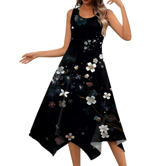 YDKZYMD Summer Casual Dresses for Women Floral Flowers Wedding Maxi Beach Boho Tank Dresses Hem Sundress Petite Sleeveless Midi Dress with Pockets Dark Gray XXL