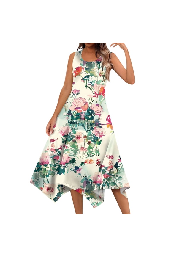 Summer Casual Dresses for Women Floral Flowers Wedding Maxi Beach Boho Tank Dresses Hem Sundress Petite Sleeveless Midi Dress with Pockets Green M