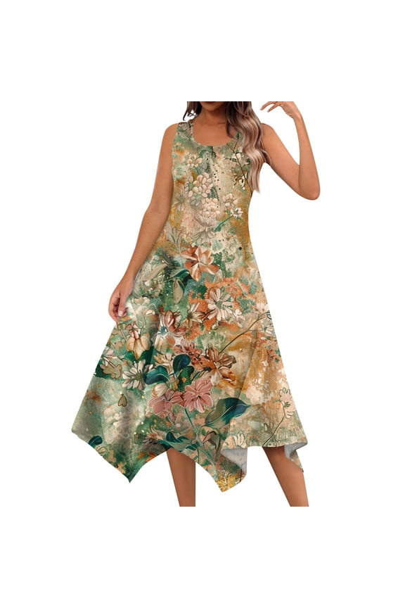 Summer Casual Dresses for Women Floral Flowers Wedding Maxi Beach Boho Tank Dresses Hem Sundress Petite Sleeveless Midi Dress with Pockets Khaki XXL