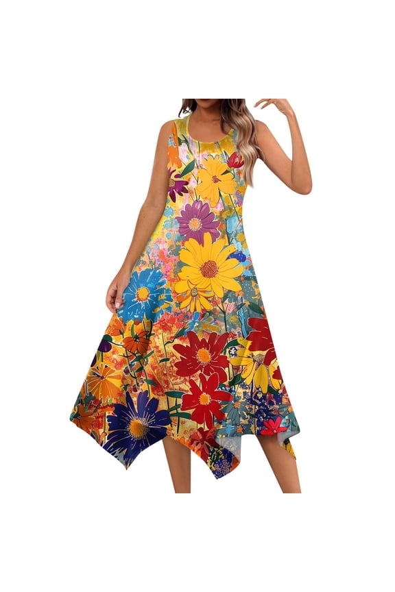 Summer Casual Dresses for Women Floral Flowers Wedding Maxi Beach Boho Tank Dresses Hem Sundress Petite Sleeveless Midi Dress with Pockets Yellow XXL