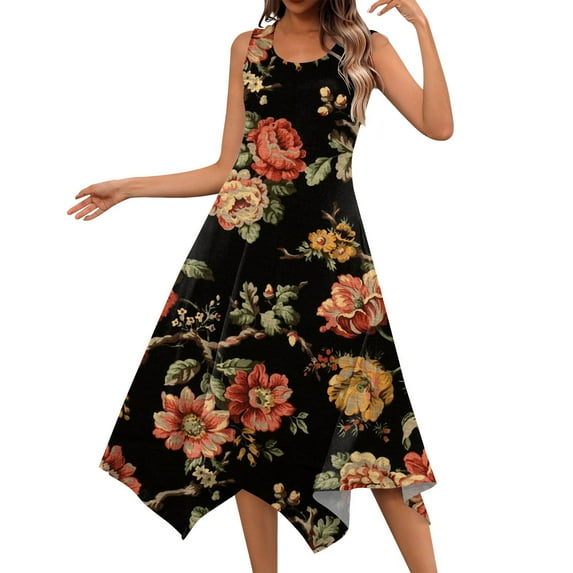 YDKZYMD Summer Casual Dresses for Women Floral Flowers Wedding Maxi Beach Boho Tank Dresses Hem Sundress Petite Sleeveless Midi Dress with Pockets Orange M