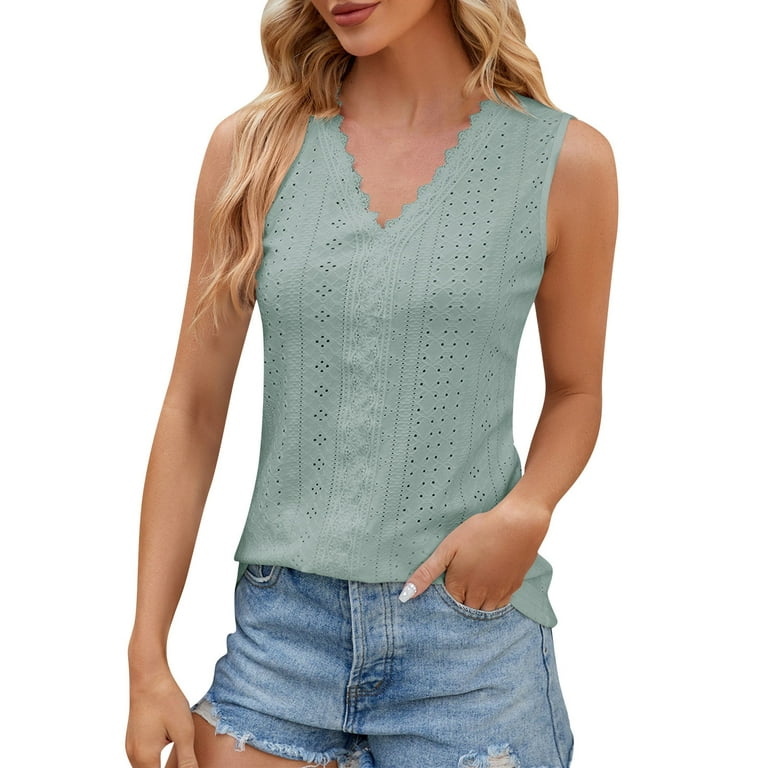 YDKZYMD Tank Top for Women Solid Color Flowy Eyelet Embroidery