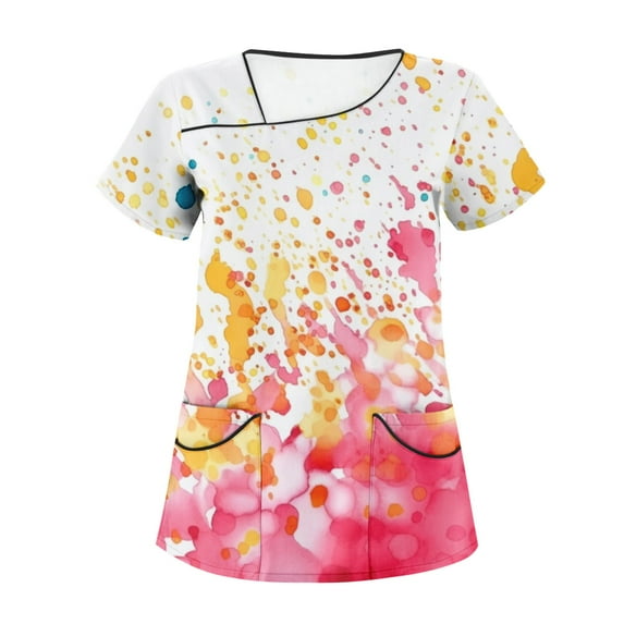 YDKZYMD Teal Scrub Tops for Women Set Plus Size Tie Dye Color Block with Pockets Petite Workwear Scrub Tops Nurse Uniform Plus Size Jogger Scrub Shirt Graphic V Neck Short Sleeve Scrubs Pink L