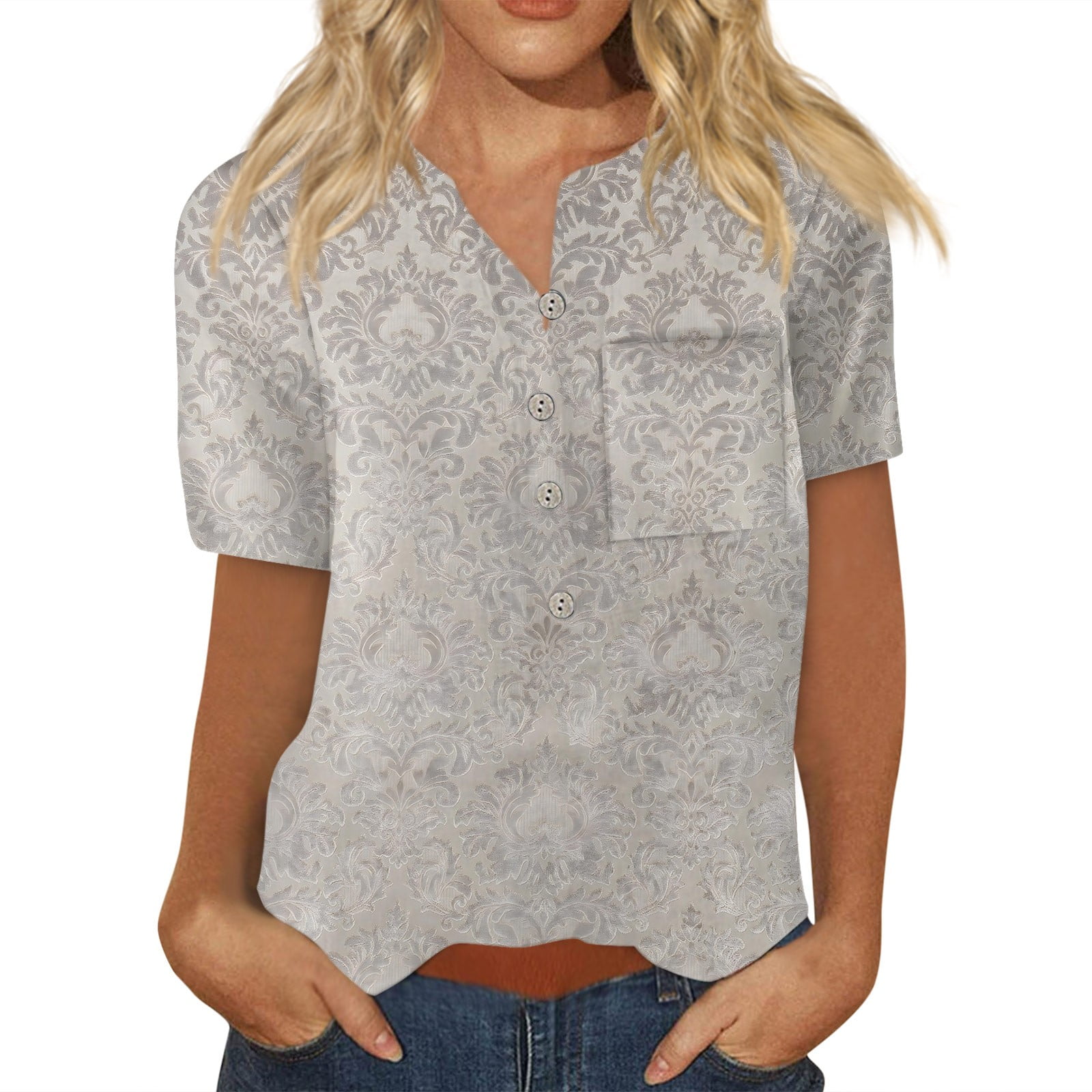 Ydkzymd Tight Shirts For Women Short Sleeves Plus Size Floral Henley